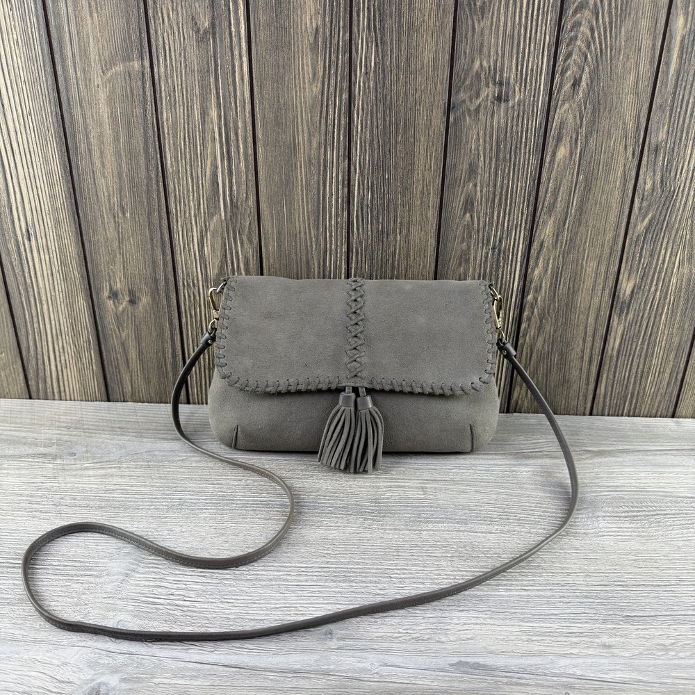 Gray Suede Crossbody Bag Whipstitch Tassel Boho Western Flap Shoulder Purse